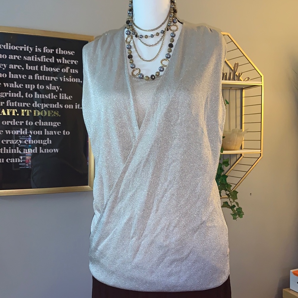 💛 WBHM | Gold Sparkly Taupe Faux Wrap Top - Picture 1 of 8